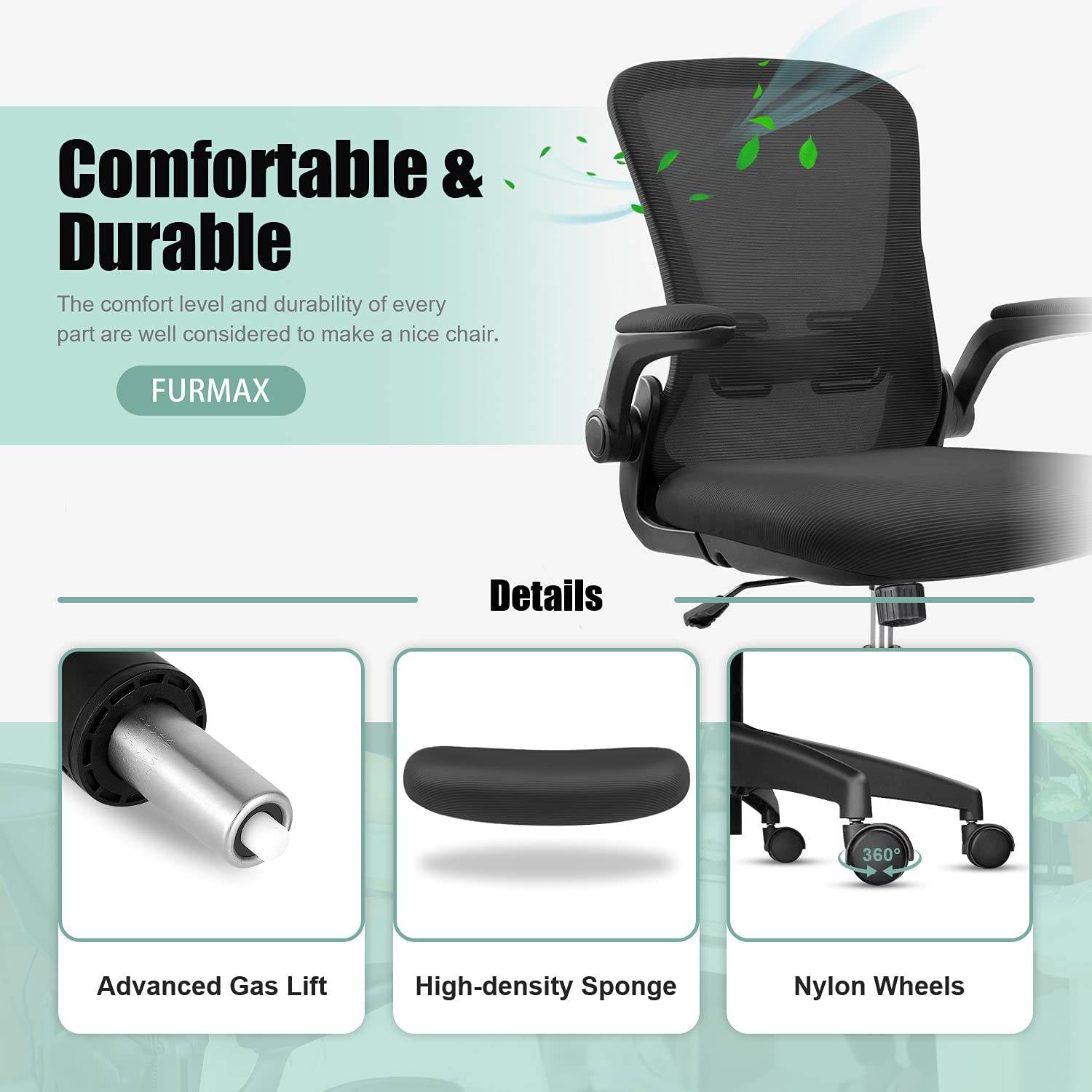 Furmax Office Chair Mesh Desk Chair with Adjustable Arms Ergonomic Computer Chair Rolling Chair with Back and Lumbar Support (Black)