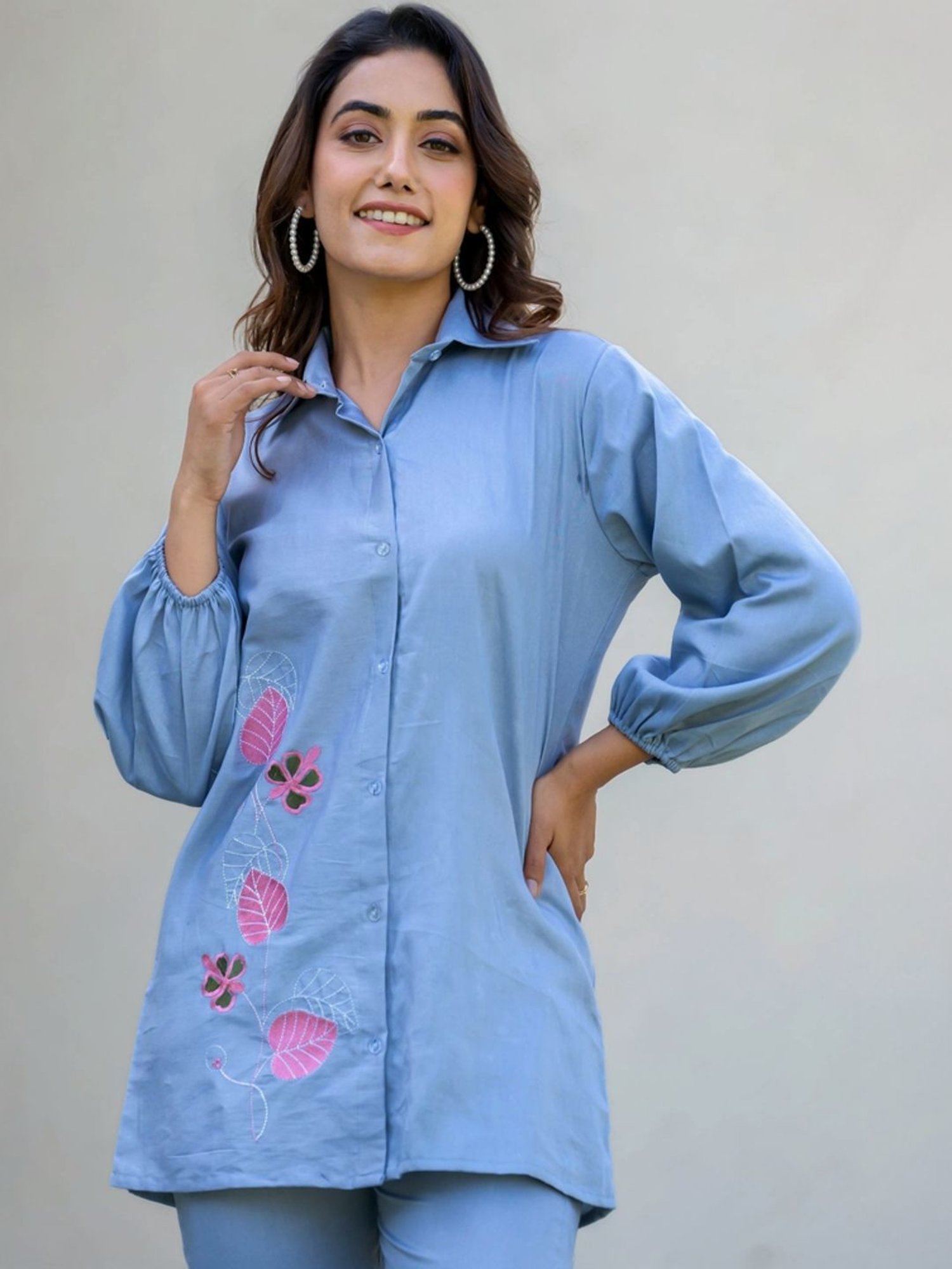 HOUSE OF JAMOTI Blue Cotton Embroidered Tunic Pant Set