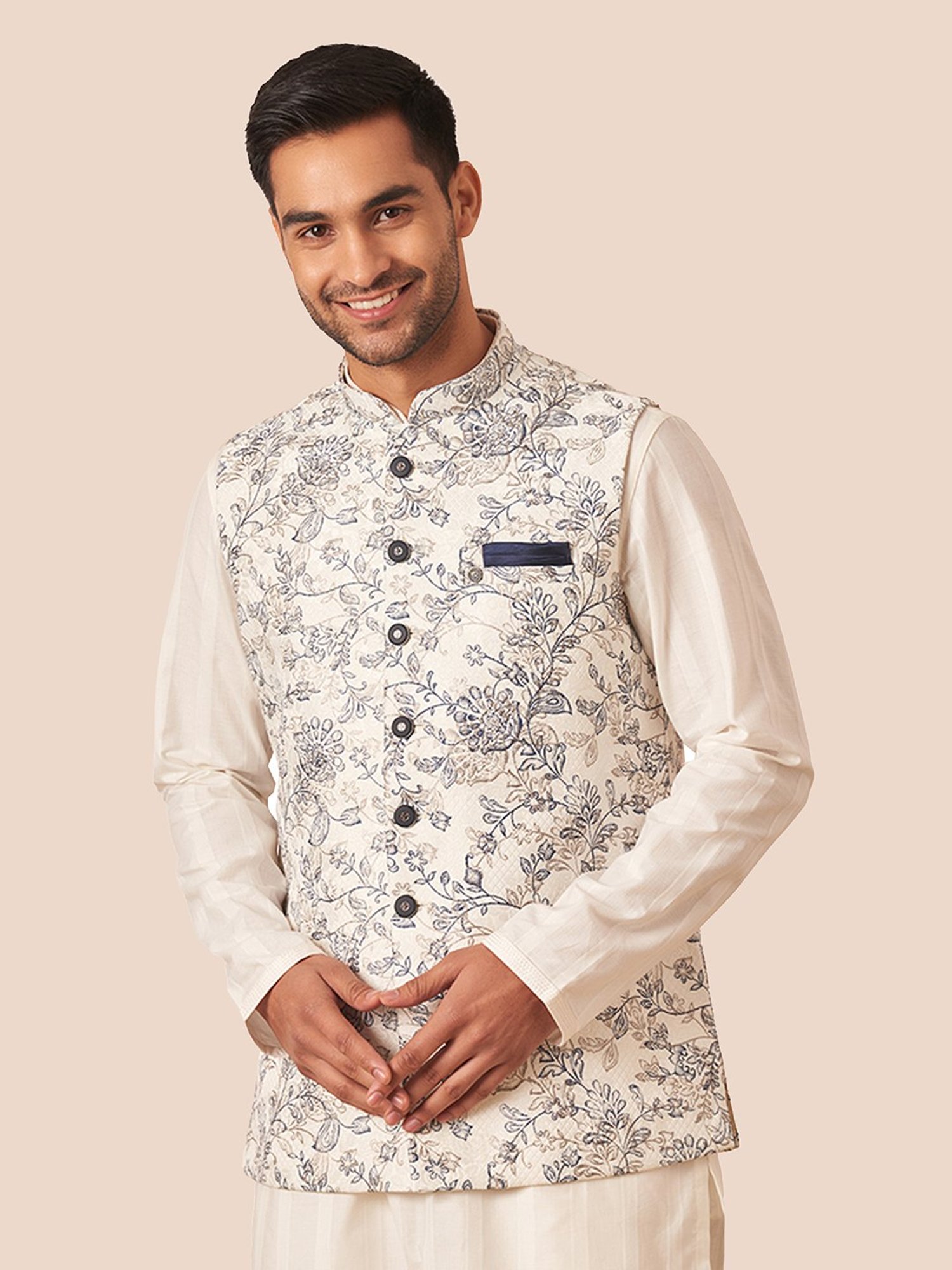 Manyavar White Regular Fit Floral Print Nehru Jacket