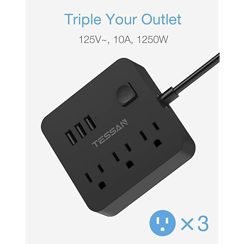 Strip with 3 USB 3 Outlet, Desktop Charging Station 5 ft Flat Plug Extension Cord, Small and Portable for Cruise Ship, Dorm Room, Black