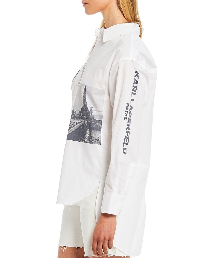 KARL LAGERFELD PARIS Parisian Photograph Point Collar Neck Long Sleeve Button Front Blouse