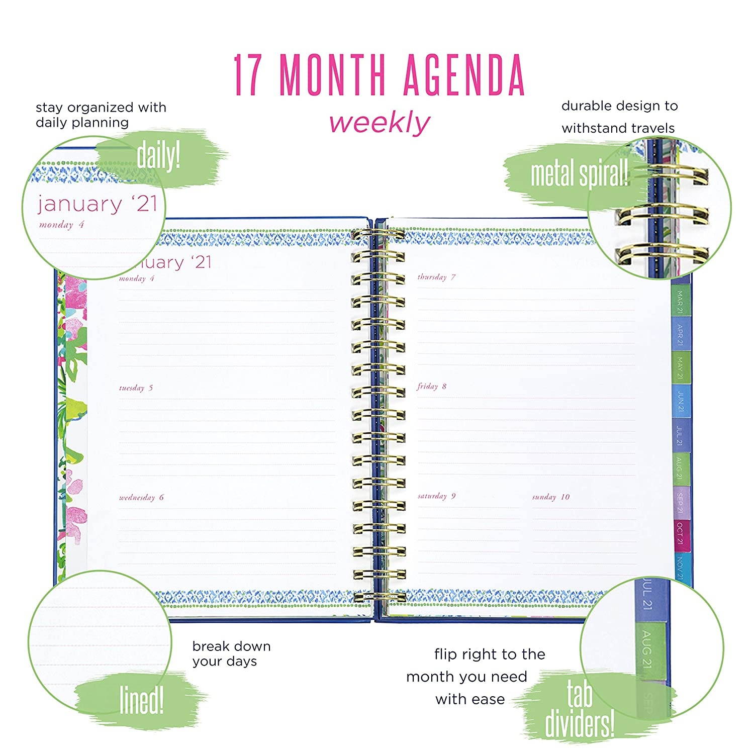 Lilly Pulitzer Jumbo 2020-2021 Planner Weekly & Monthly, Dated Aug 2020 - Dec 2021, 17 Month Hardcover Agenda with Notes/Address Pages, Stickers, Pocket, Laminated Dividers, Unicorn of the Sea