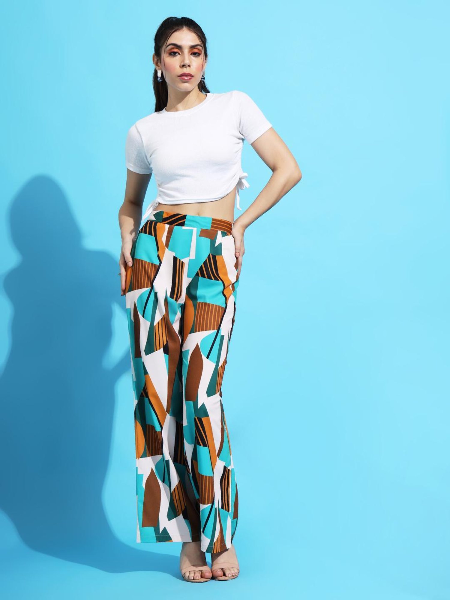 FITHUB Sky Blue & White Printed High Rise Trousers