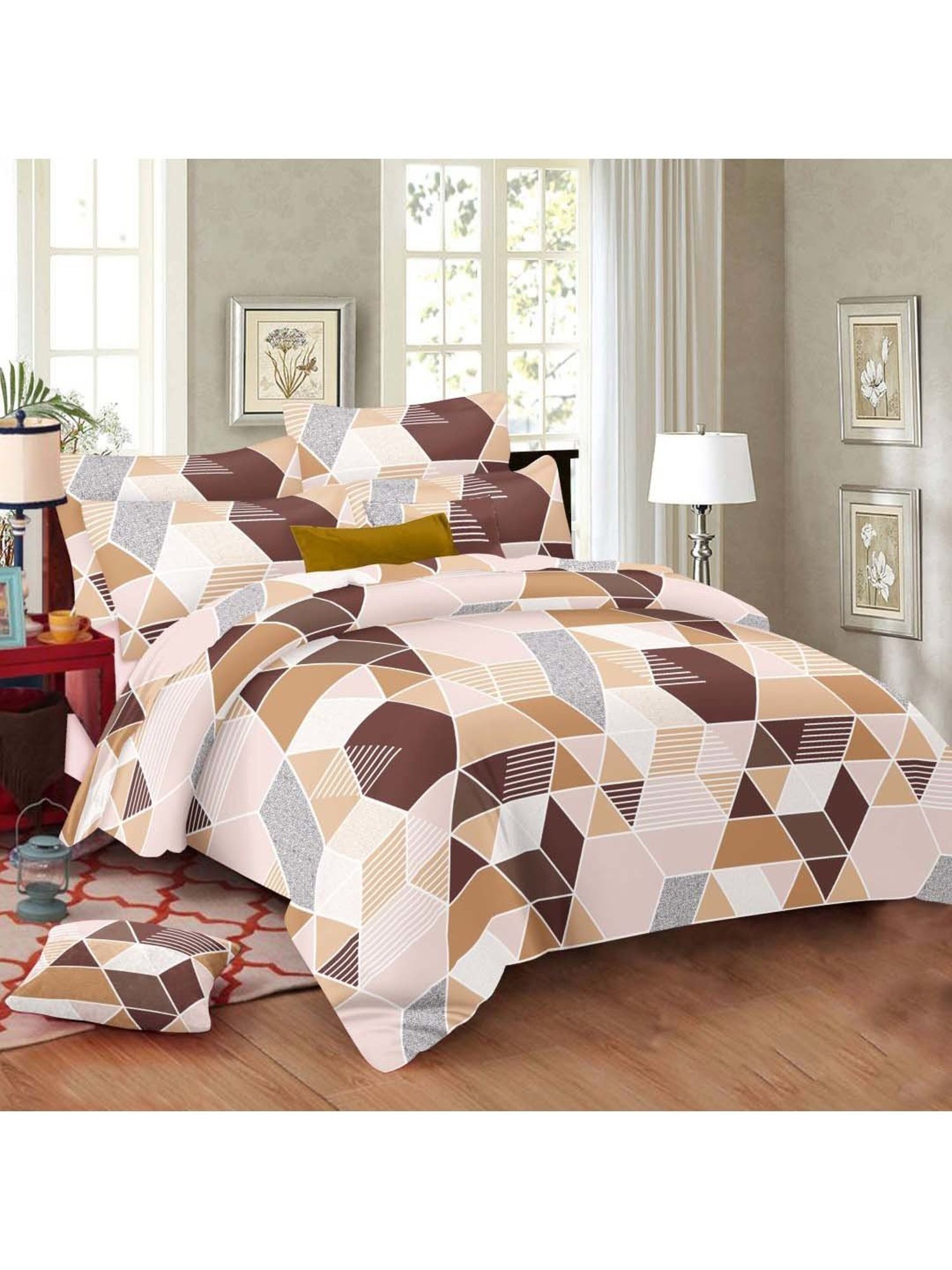 Ariana Brown & Beige Cotton 120 TC King Bedsheet With 2 Pillow Cover