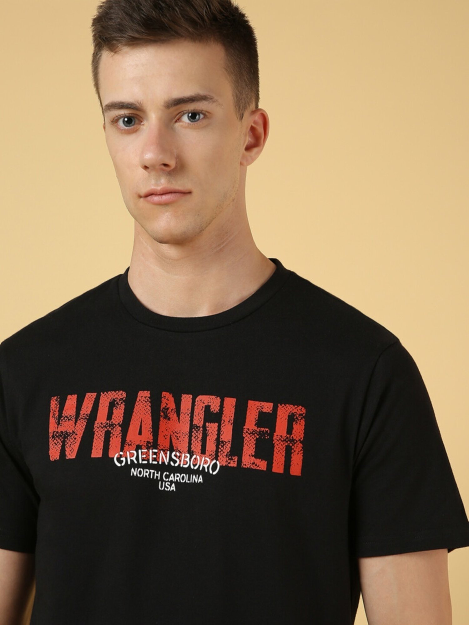 Wrangler Jet Black Cotton Regular Fit Printed T-Shirt