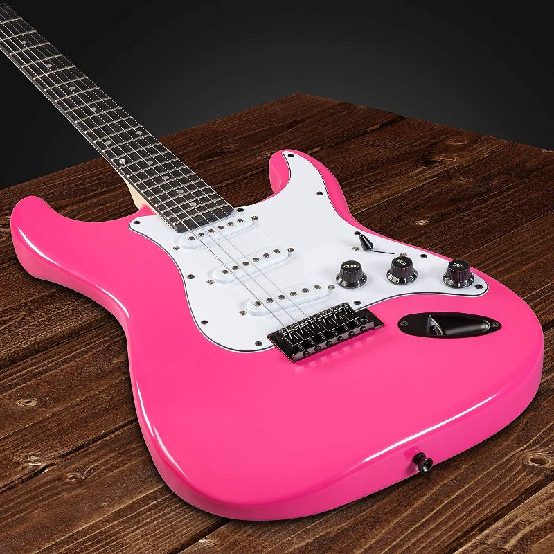 LyxPro 39'' inch Full Size Electric Guitar with 20w Amp, Package Includes All Accessories, Digital Tuner, Strings, Picks, Tremolo Bar, Shoulder Strap, and Case Bag Complete Beginner Starter kit - Pink
