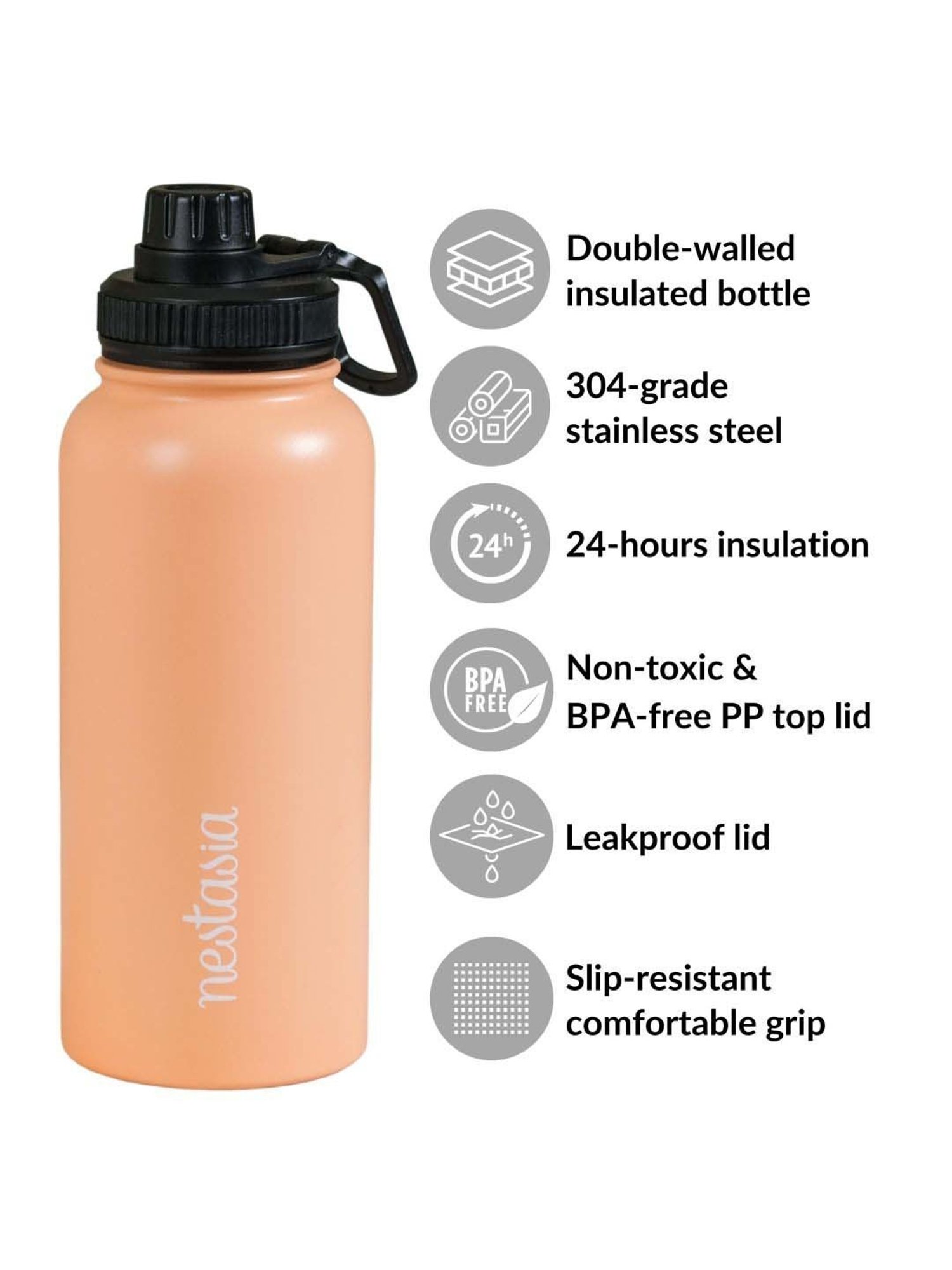 Nestasia 1 Litre Insulated Thermosteel Water Bottle with Double-Walled Vacuum Insulation Peach