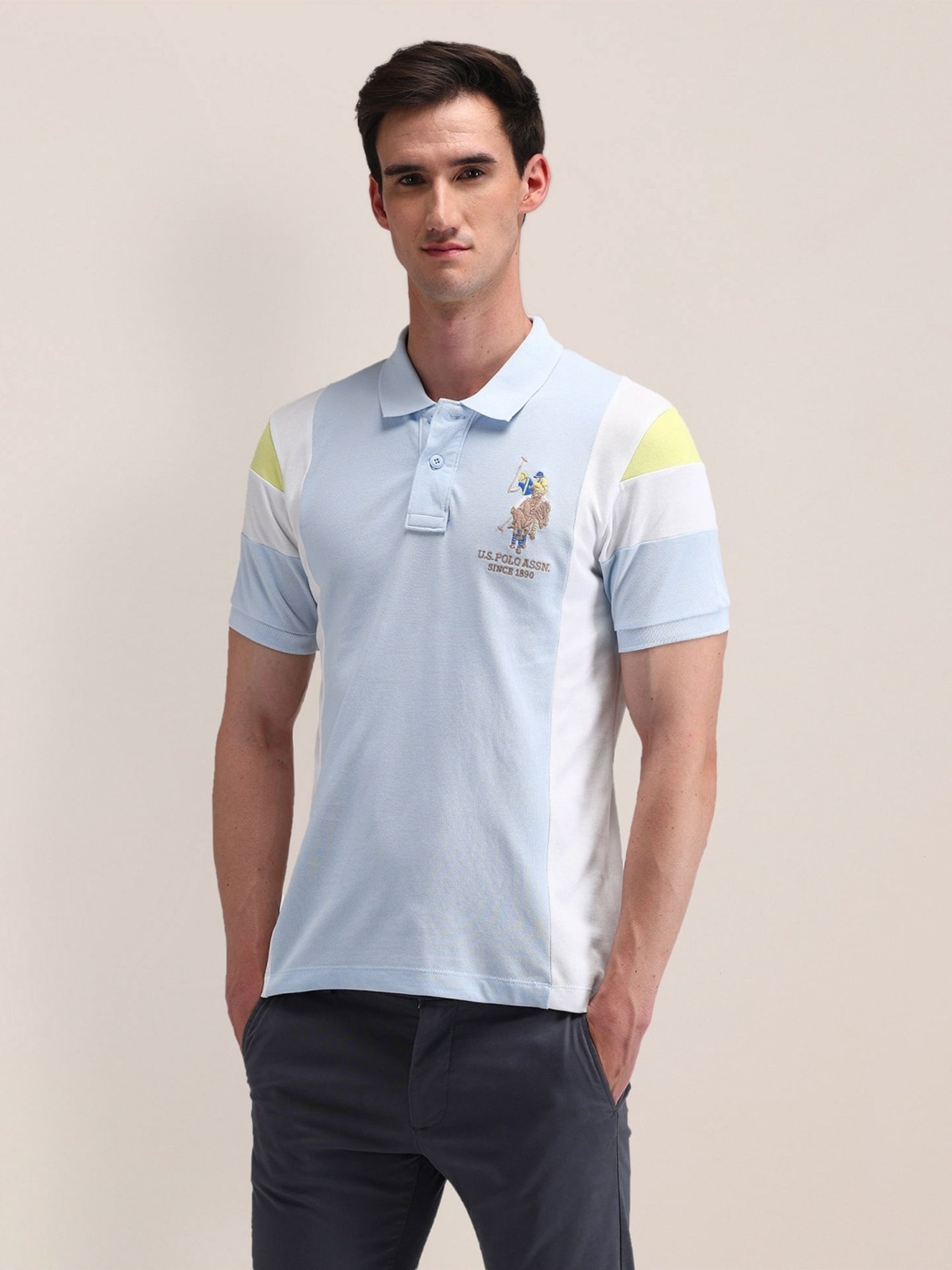 U.S. Polo Assn. Blue Cotton Slim Fit Colour Block Polo T-Shirt
