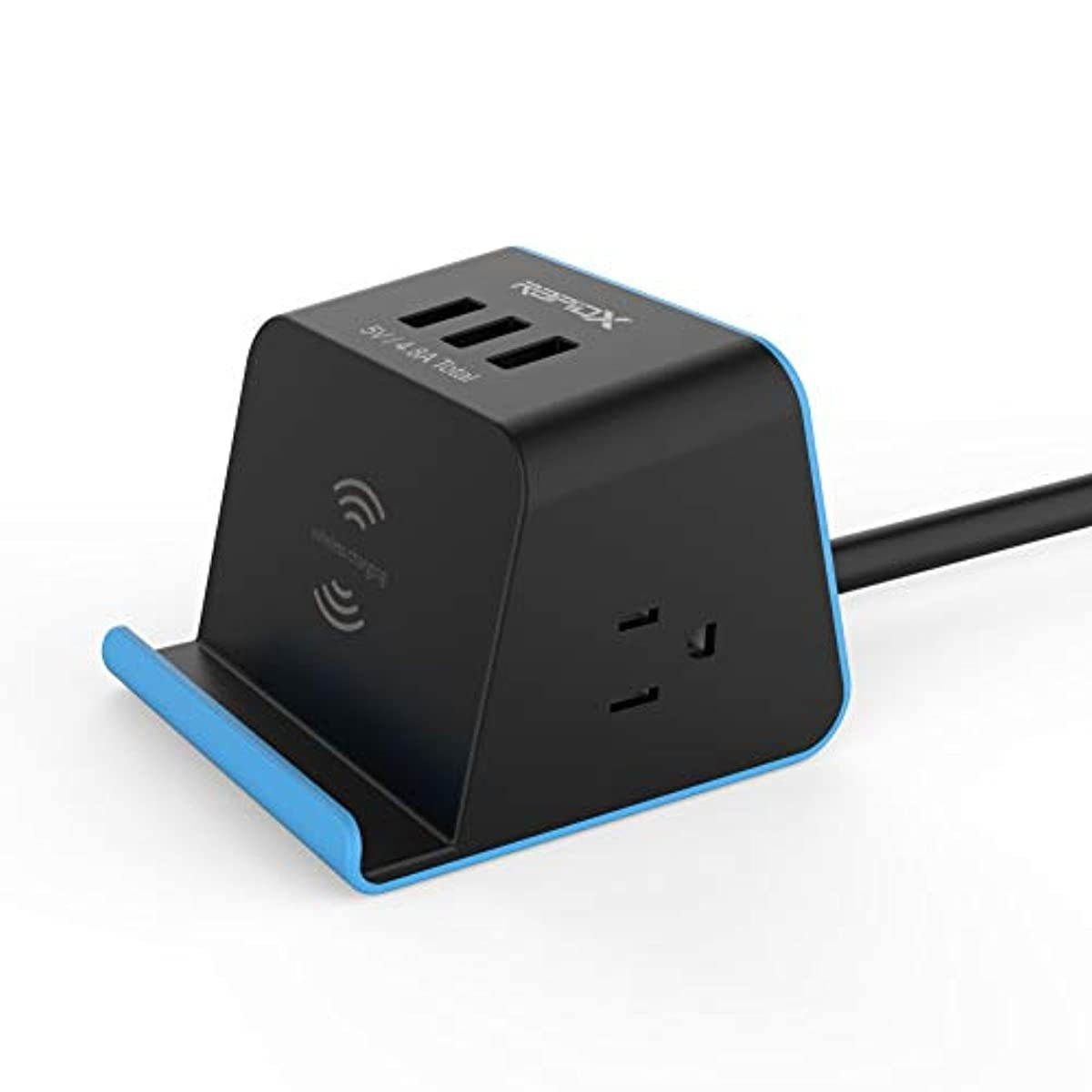 RapidX Mydesktop 29W Wireless Charging Stand with 3 USB Ports, 5V/4.8A Total and 2 Power Outlets for iPhone, Android, Tablets and Laptops - Blue, Model:RX-DT101BLKB