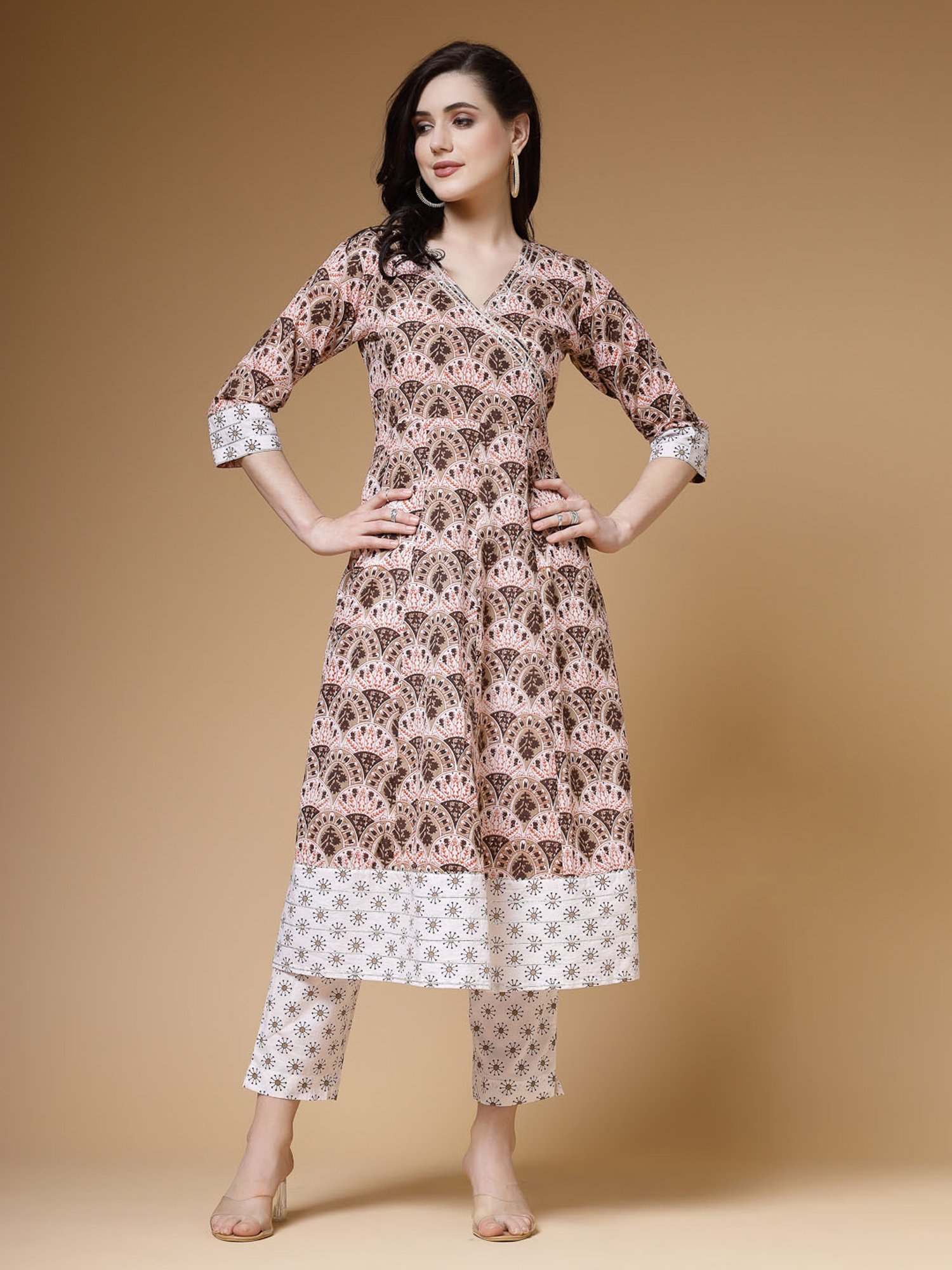 Indibelle Light Brown Cotton Printed A Line Kurta