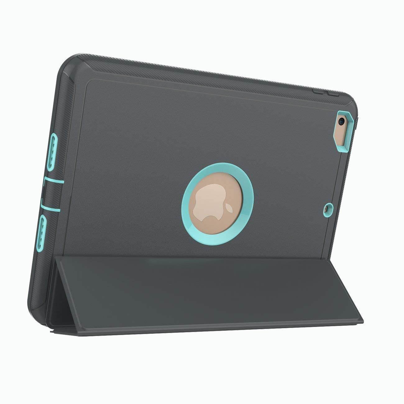 New iPad 9.7 2017/2018 case - DUNNO Heavy Duty Full Body Rugged Protective Case with Auto Sleep/Wake Up Stand Folio & Three Layer Design for Apple iPad 9.7 inch 2017/2018 (Grey/Light Blue)