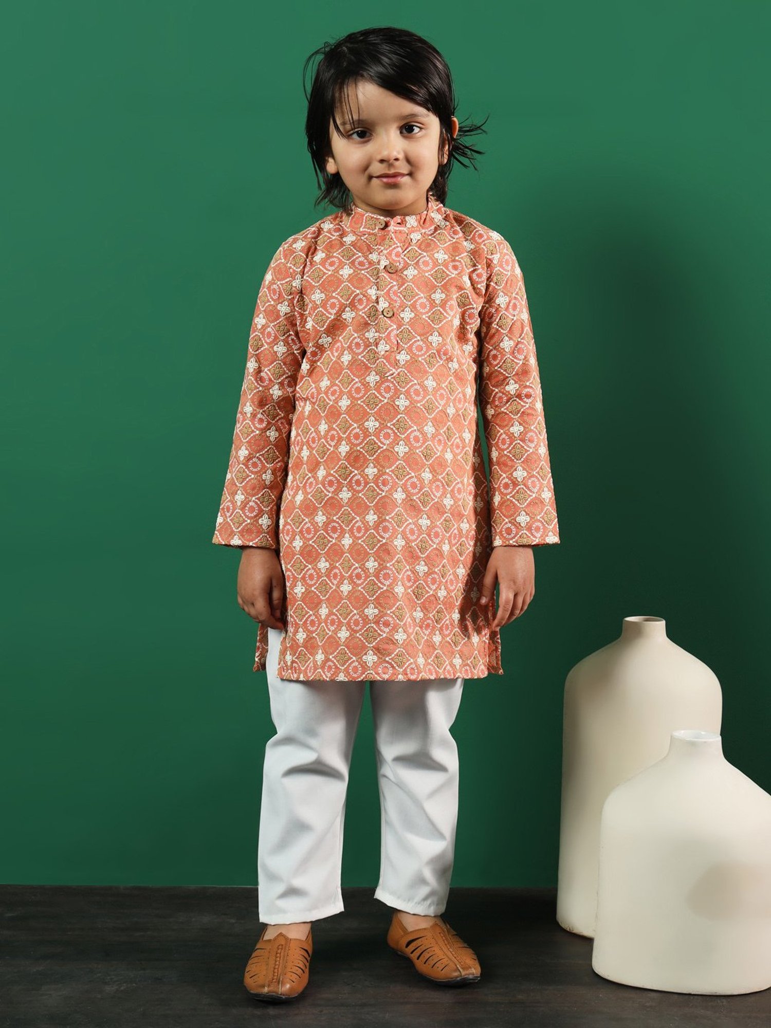 READIPRINT FASHIONS Kids Peach & White Embroidered Full Sleeves Kurta with Pyjamas
