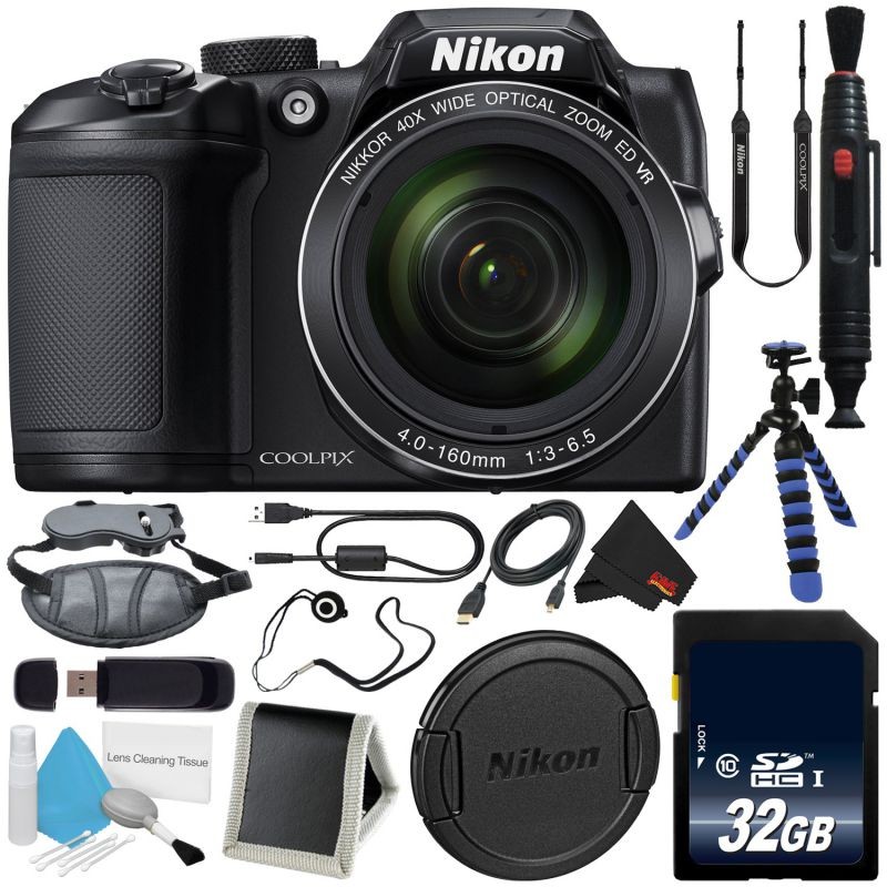 Nikon COOLPIX B500 Intl Model (Black) 26506 +  32GB SDHC Class 10 Memory Card+ Memory Card Wallet + MicroFiber Cloth + Flexible Tripod with Gripping Rubber Legs + Lens Pen Cleaner Bundle
