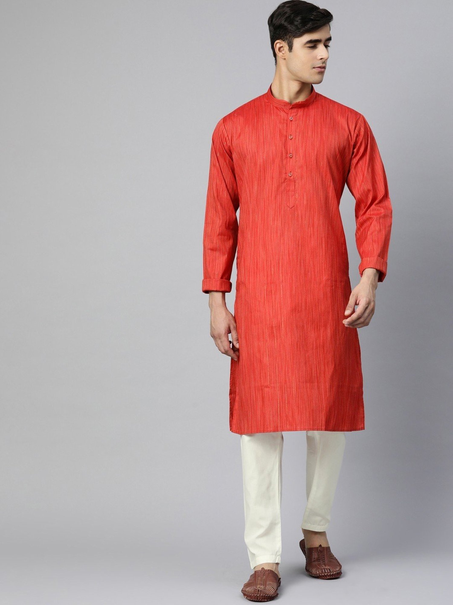 ManQ Red & White Pure Cotton Regular Fit Striped Kurta Bottom Set
