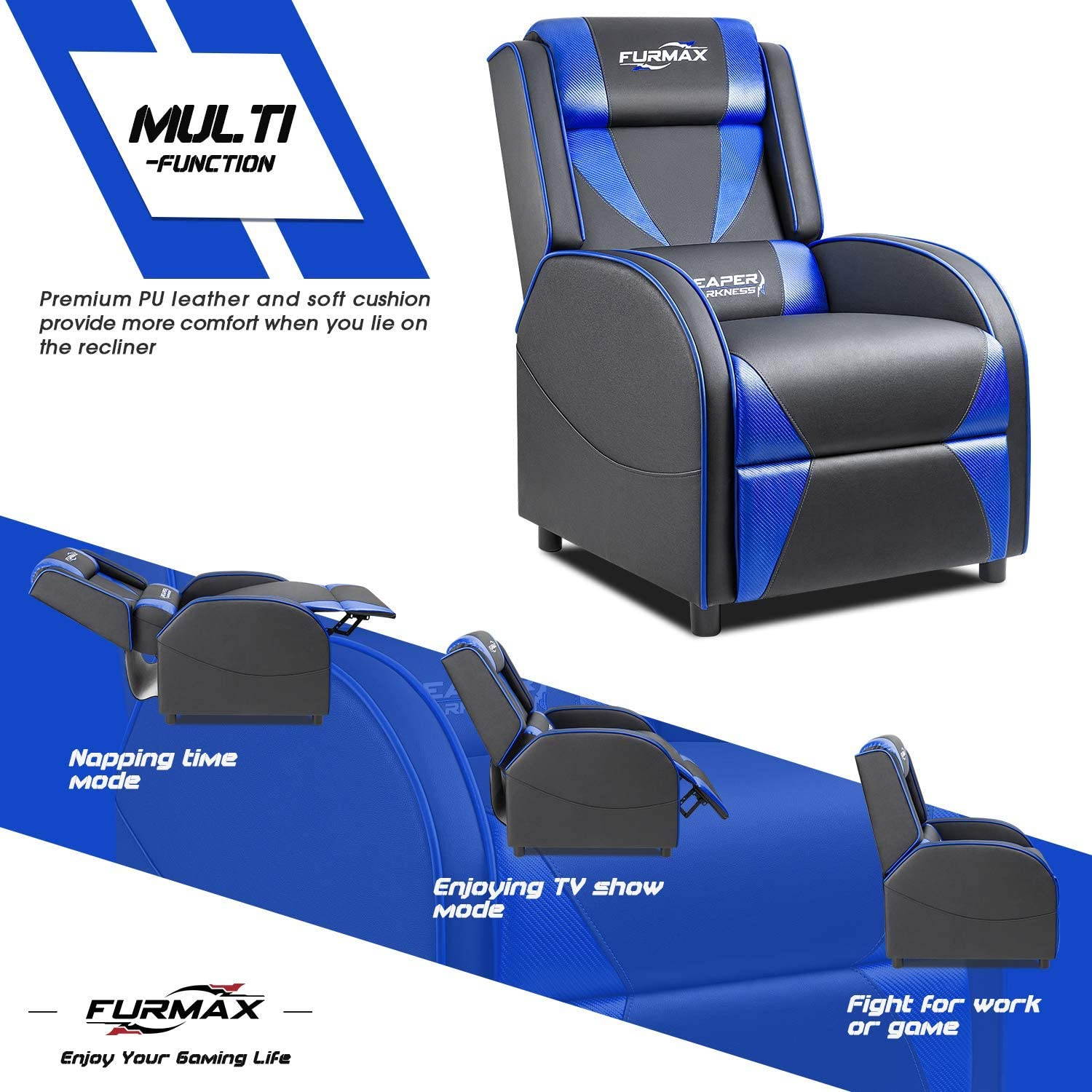 Furmax Gaming Recliner Chair Racing Style Single Ergonomic Lounge Sofa PU Leather Reclining Home Theater Seat for Living Room (Blue)