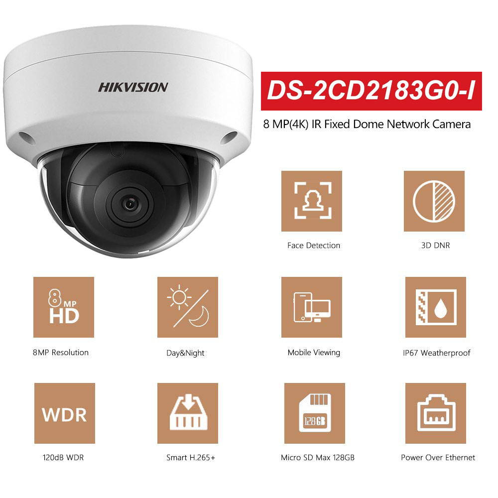 Hikvision 8MP H265+ 4K HD DS-2CD2183G0-I PoE IP Network Dome Security Camera with EXIR 98ft Night Vision, Smart H.265+ WDR, SD Card Slot, ONVIF, IP67 [English Version] (4mm Lens,4-Pack)