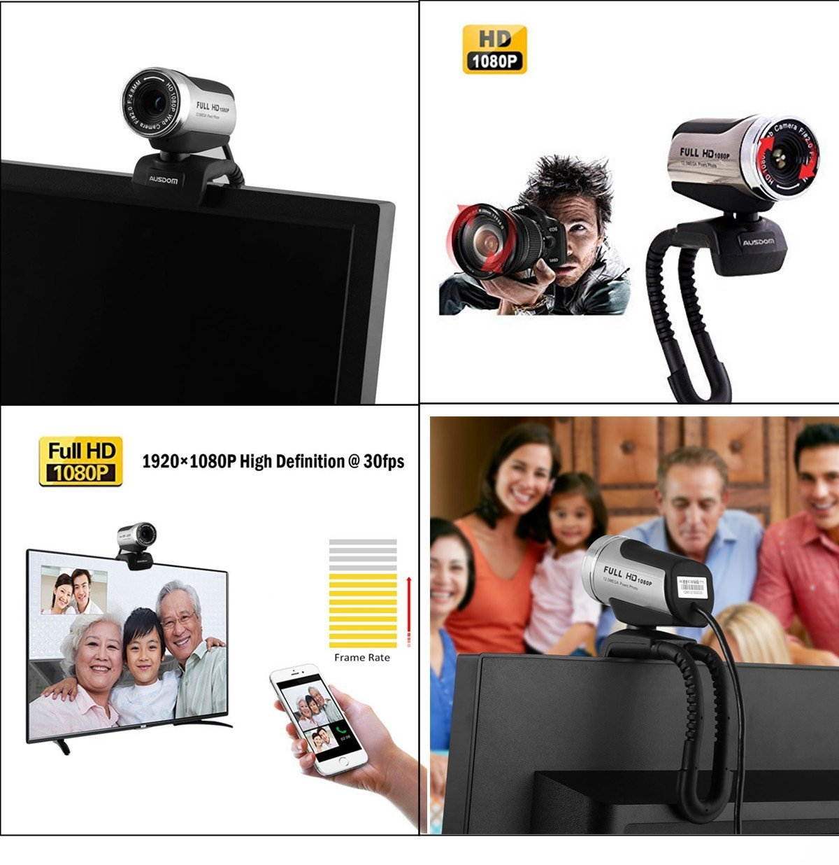 AUSDOM 1080P HD USB Webcam with Built-in Microphone,12.0MP, Auto Exposure, Digital Zoom, Clip-On/Freestanding Network Computer Camera Web Cam