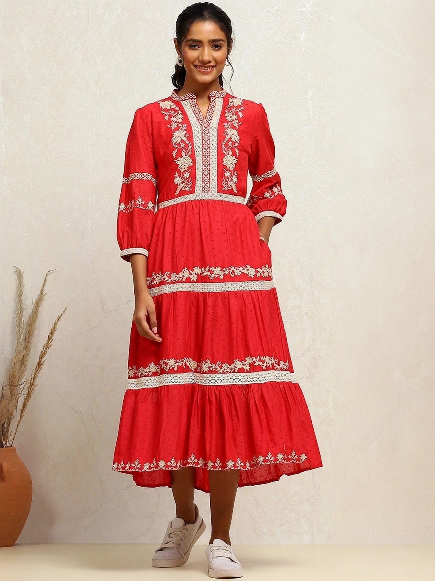 Biba Red Cotton Embroidered A-Line Dress