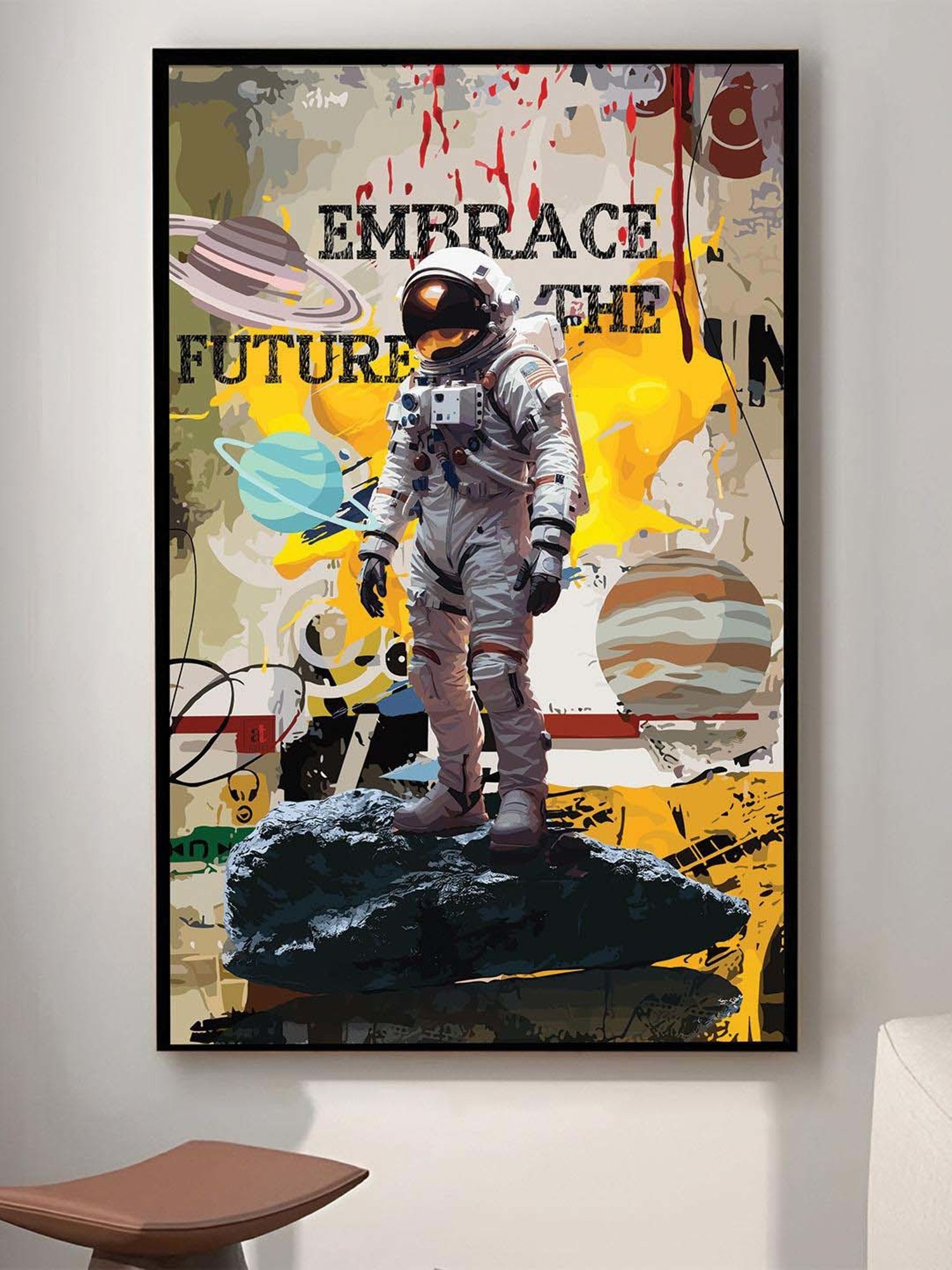 Art Street Black Engineered Wood Embrace The Future Astronaut Pop Graffiti Wall Art