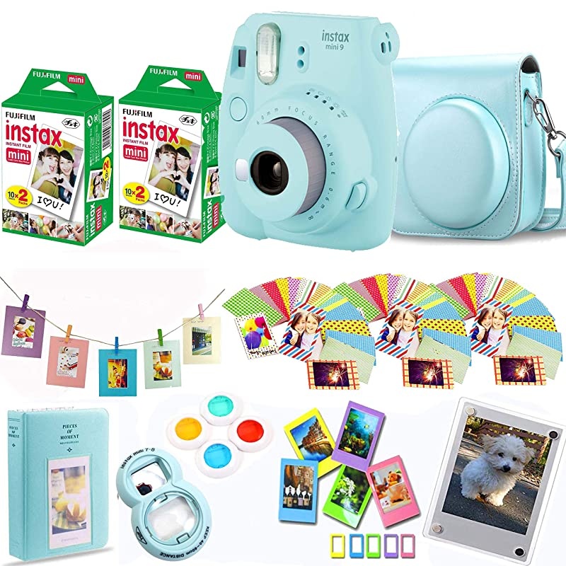 Instax Mini 9 Instant Camera Compatible Carrying Case + Fuji Instax Film 40 Shots + Magnetic Acrylic Frame + Album, Frames, Filter Set & Selfie Lens 90 PC Design Kit (Ice Blue)
