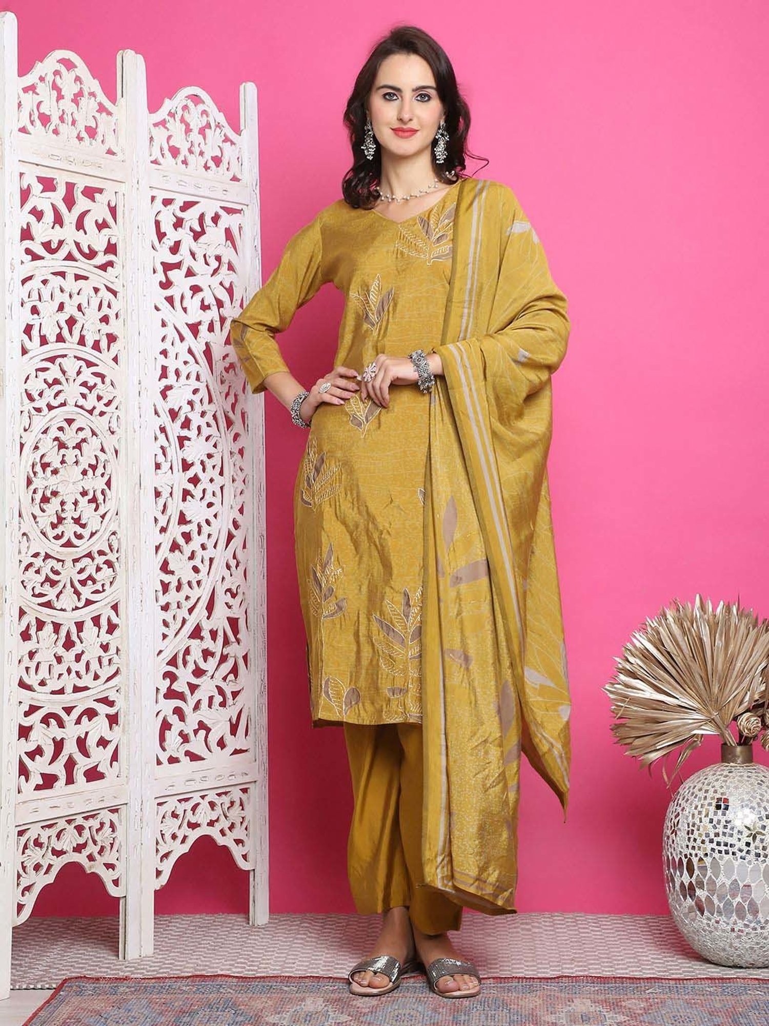 Stylee LIFESTYLE Mustard Printed Unstitched Dress Material