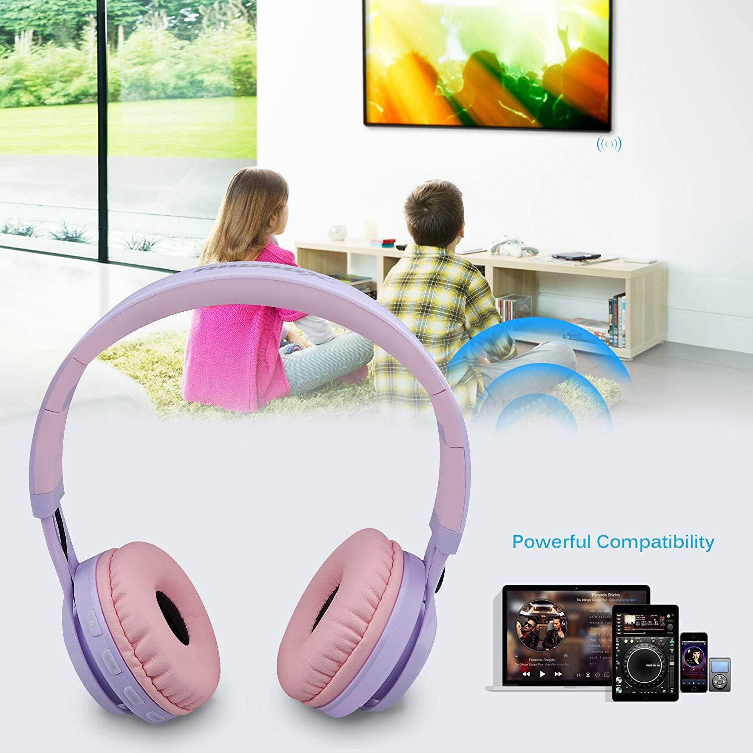 Riwbox WT-7S Bluetooth Headphones Light Up, Foldable Stero Wireless Headset with Microphone and Volume Control for PC/Cell Phones/TV/ iPad (Purple)