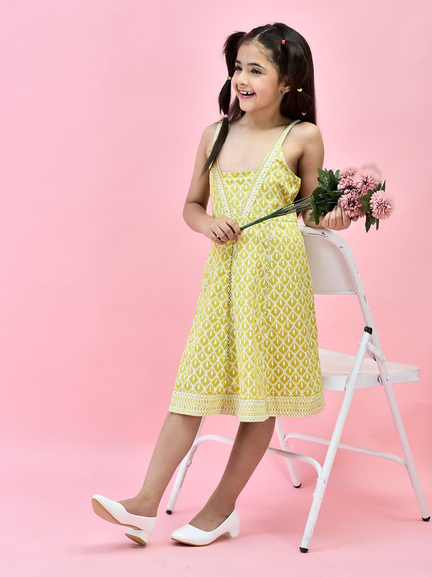 Juniper Girls Green Printed Anarkali Dress