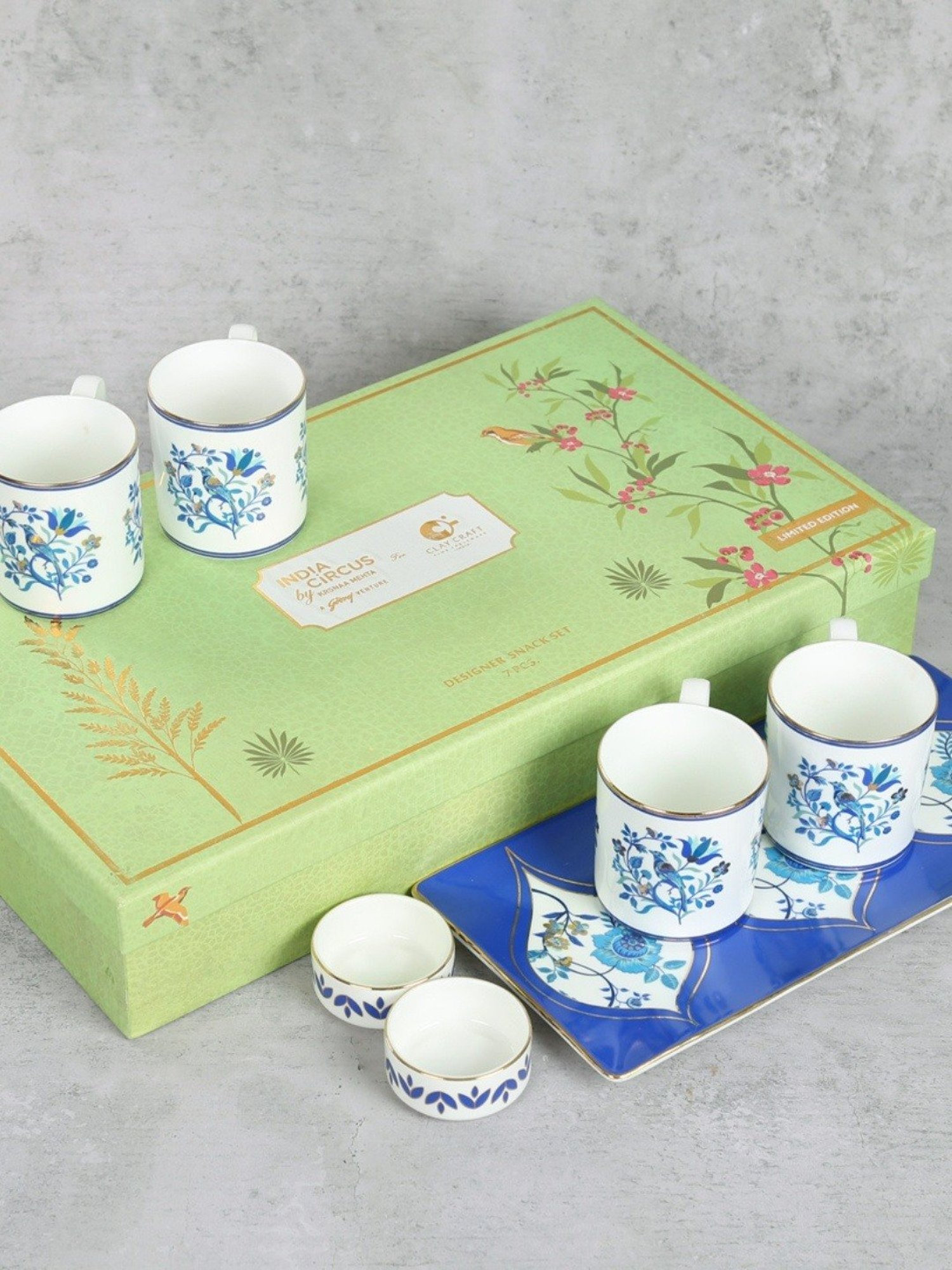 India Circus Floral Blue Bone China Snack Set (Set of 7)