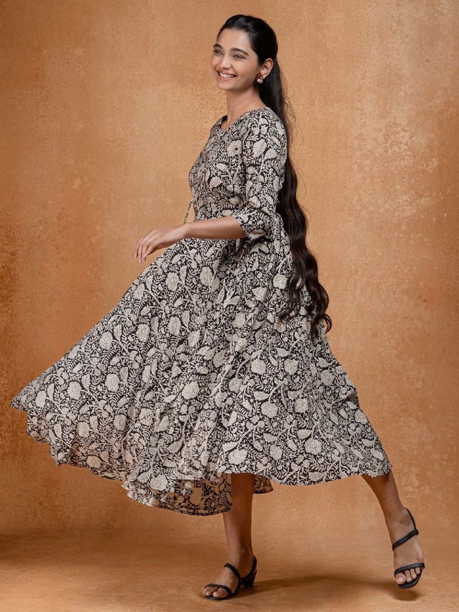 Okhai Black Floral Print Pure Cotton Ethnic Dress