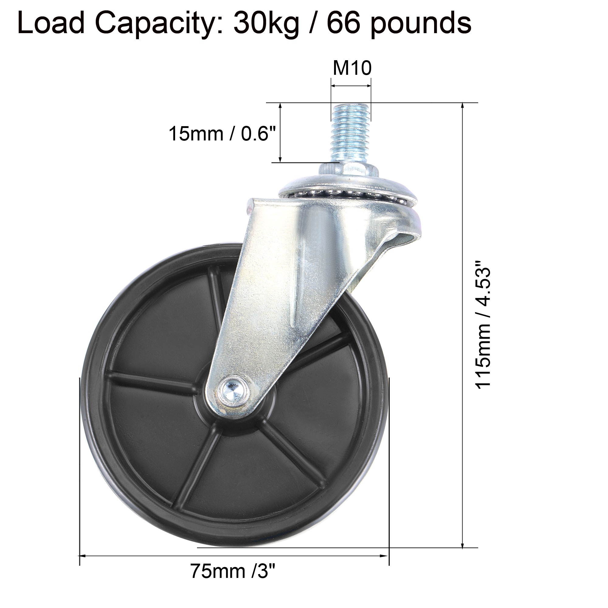 Swivel Stem Caster 3" Diameter 66Lbs Load Capacity, for Workbench Trolley, TPE, Black, Pack of 4