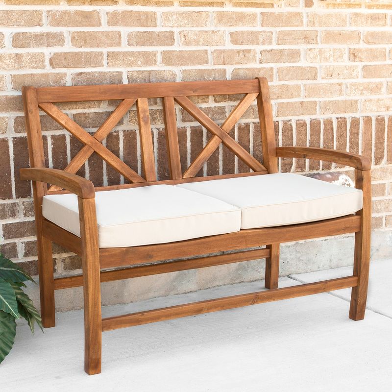 Acacia Wood X-Back Love Seat with Cushions Brown - Saracina Home