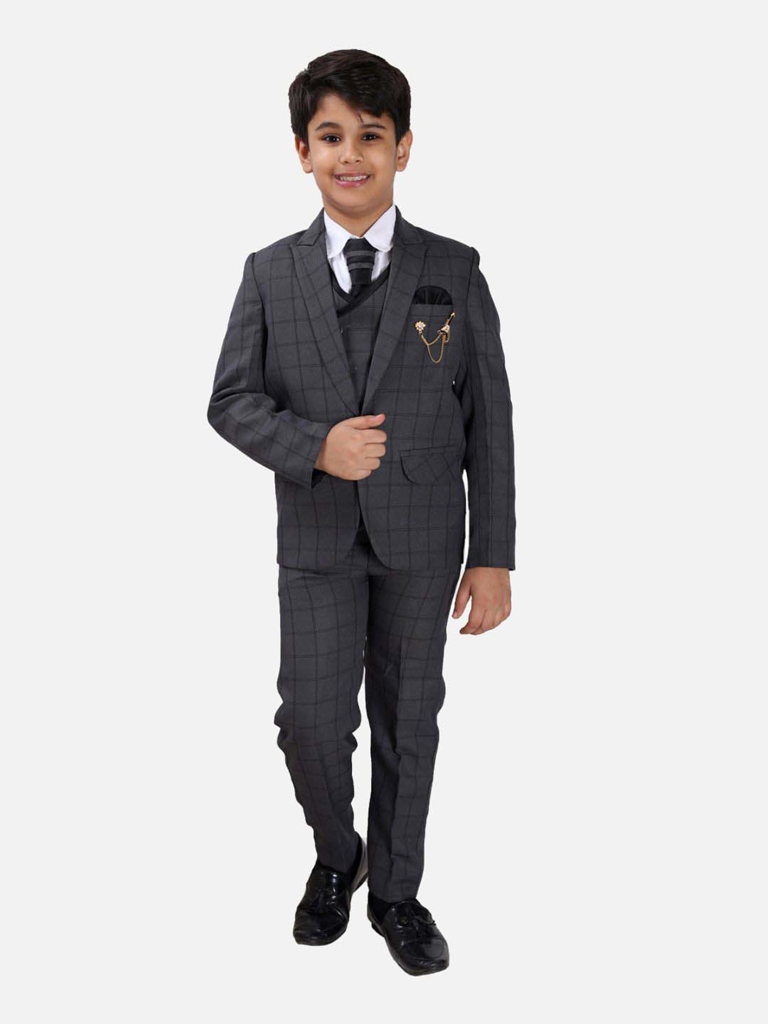 Fourfolds Boys Black Checks Full Sleeves Suit Set