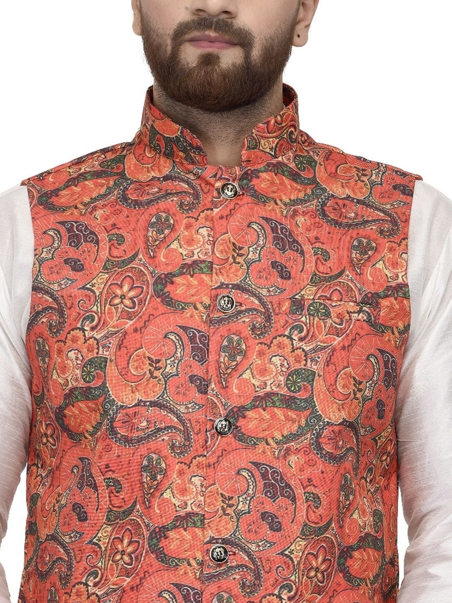 Benstoke White & Orange Regular Fit Paisley Kurta Set With Jacket