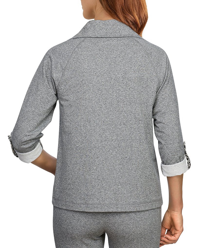 Ruby Rd. French Terry Textural Leopard Print Trim Lace Up 3/4 Roll-Tab Sleeve Point Collar Neck Pullover