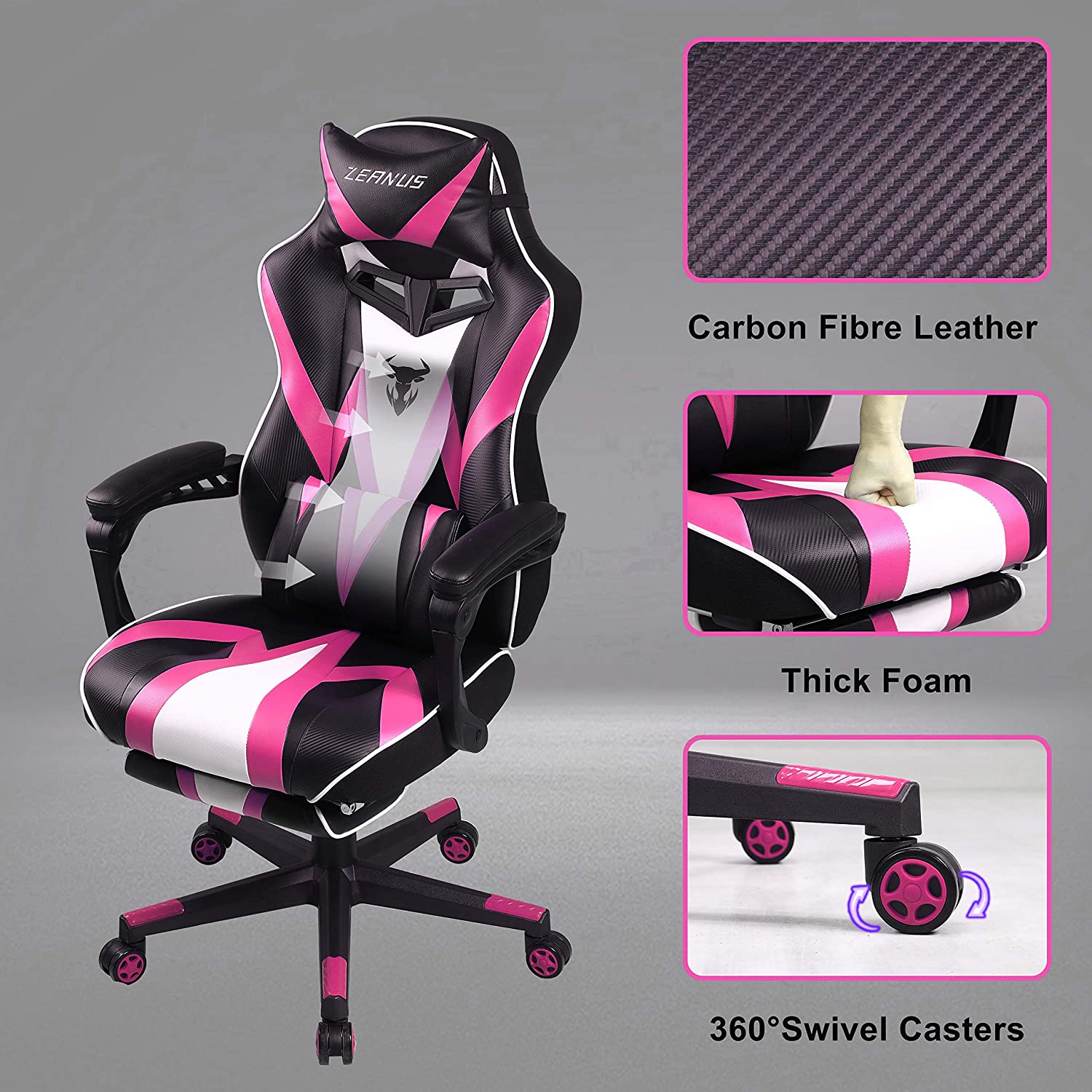 Zeanus Pink Ergonomic Gaming Chair for Girl, Gaming Chair with Footrest, Gaming Chair for Adults, High Back Racing Chair, Computer Chair with Massage, E-Sports Gamer Chair, Big and Tall Gaming Chair