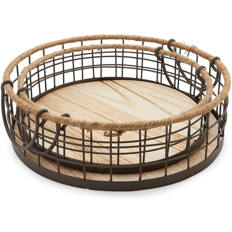 Juvale 2 Pack Round Wooden Wire Basket Trays with Handles, Farmhouse Decor (2 Sizes)