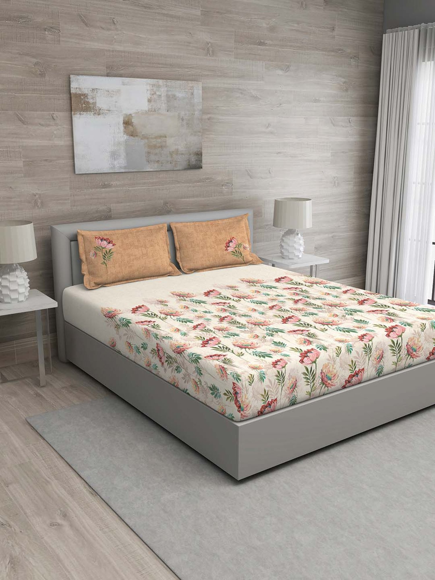 GM Beige & Orange 100% Cotton 144 TC Queen Bedsheet Set