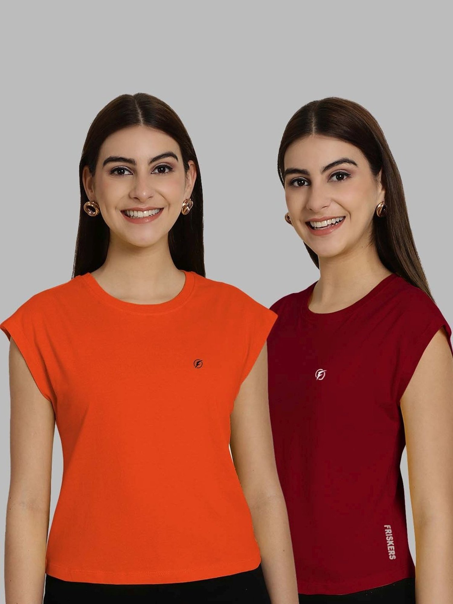 Friskers Orange & Maroon Slim Fit Sports T-Shirts - Pack Of 2