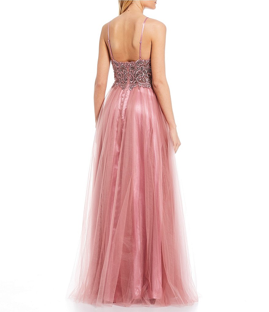 Blondie Nites Spaghetti Strap Embroidered Bodice Side Slit Mesh Ball Gown