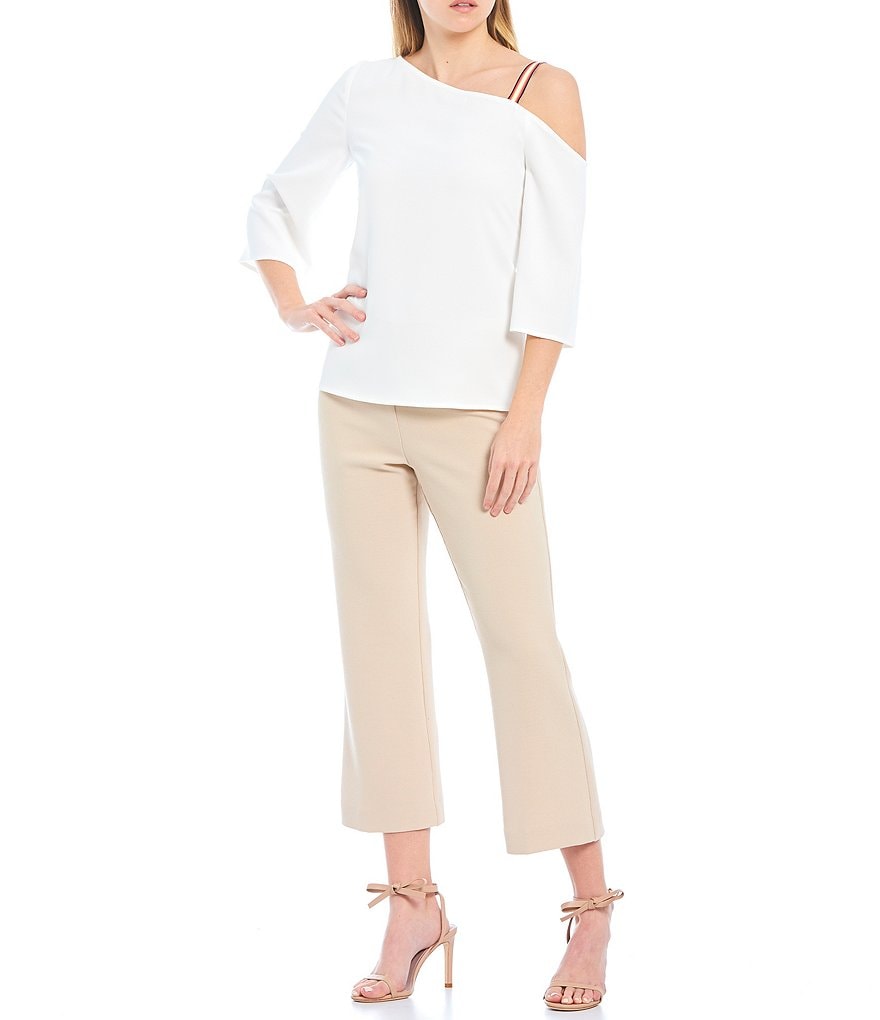 Trina Turk Superior Asymmetrical Neckline Open-Shoulder 3/4 Sleeve Top