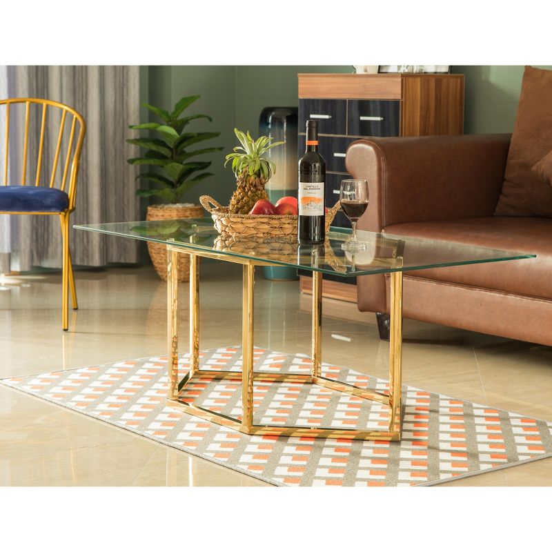 Bold Tones Rectangular Glass Top Hexagon Gold Stainless Steel Metal Base Coffee Table