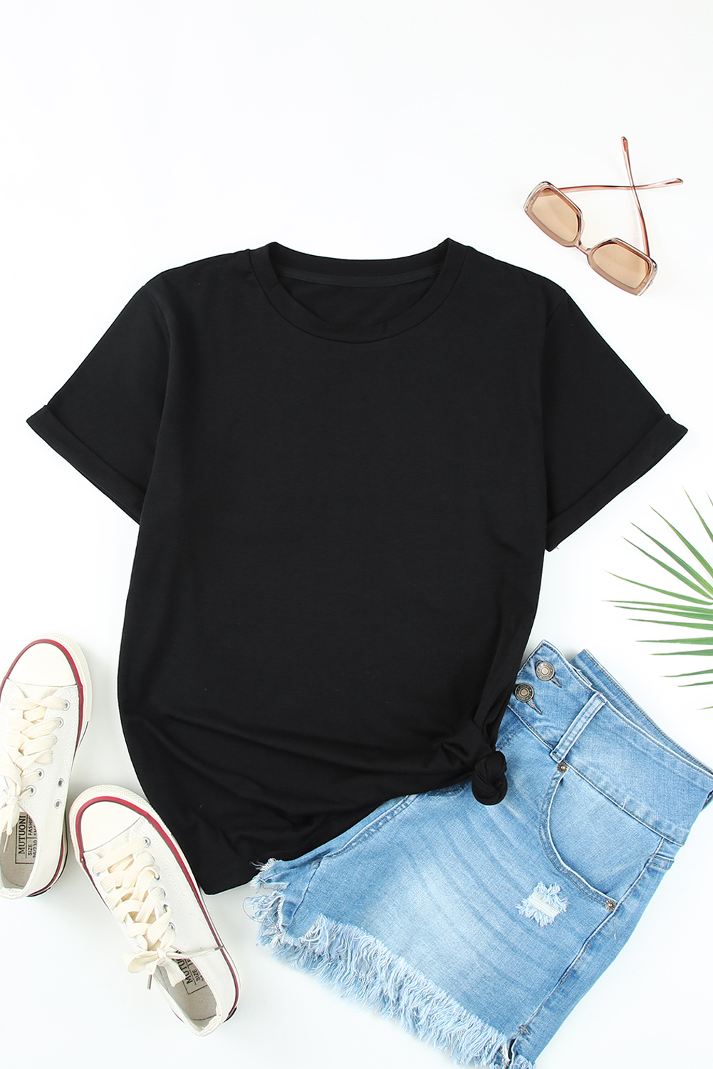 Blank T Shirt - Black Plain Rolled Up Crewneck T-Shirt Customized