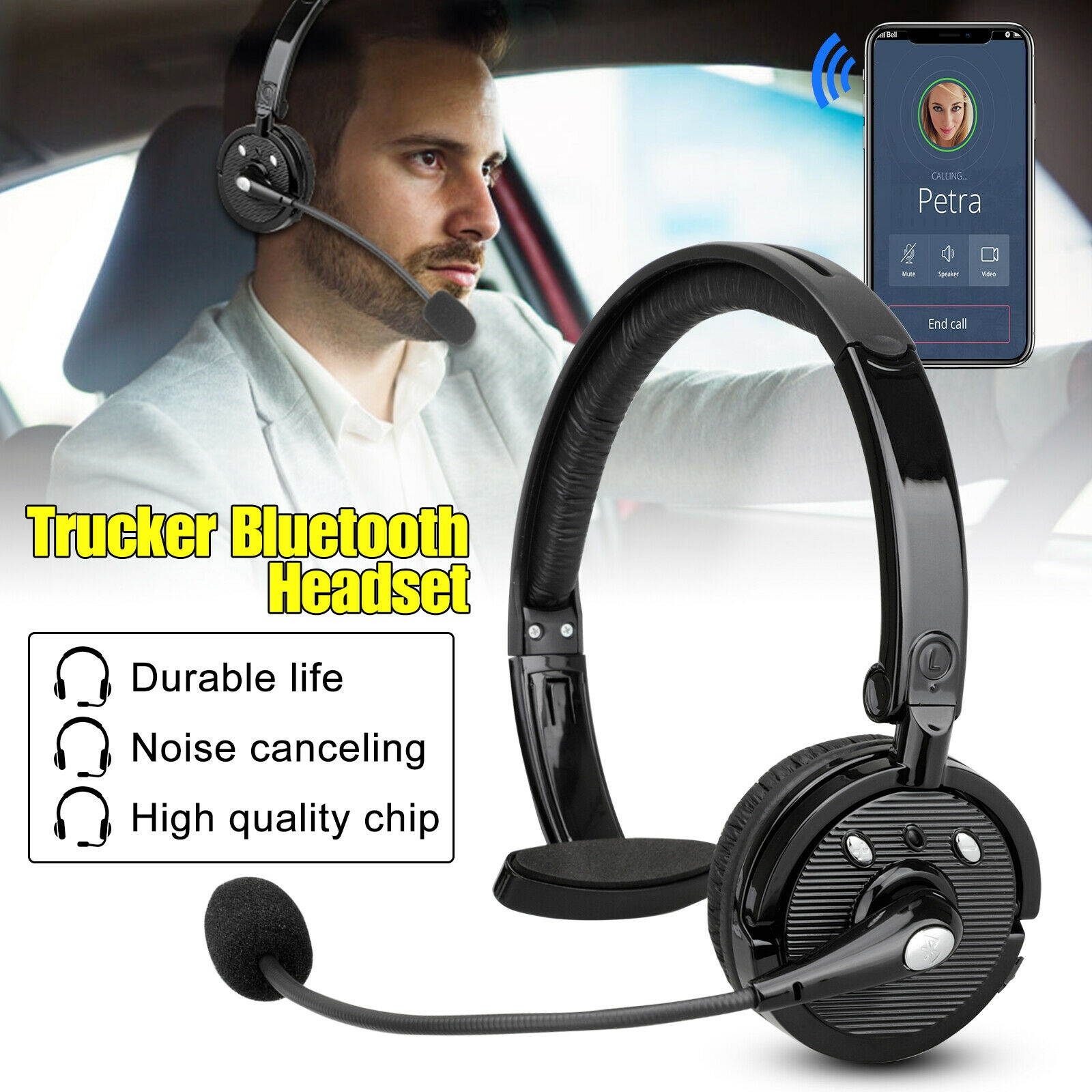 Wireless Bluetooth Headset Noise Cancelling Over the Head Boom w/Mic For Trucker