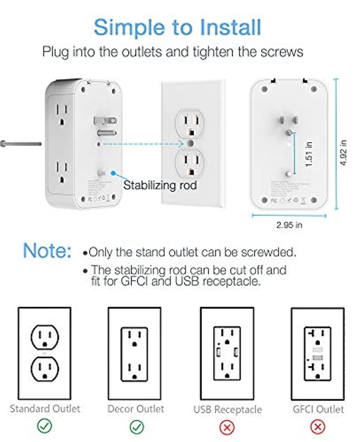 Multi Plug Outlet Extender with Shelf, TESSAN USB Wall Charger with 6 Electrical Socket, Multiple Outlet Expander Surge Protector, Wall Mount Outlet Splitter for Home Dorm Essentials (TS-WM06-GR-US-1)