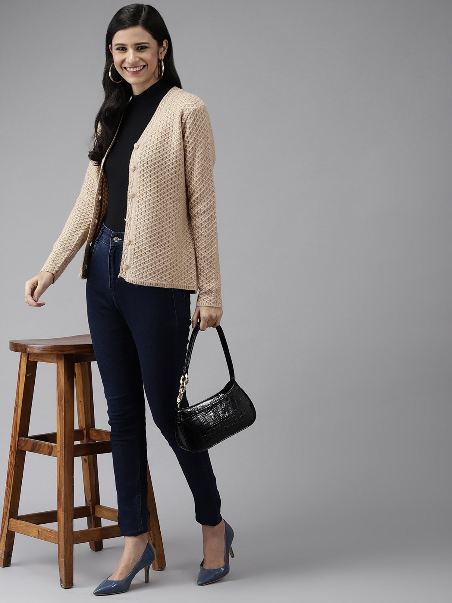 Cayman Beige Woolen Textured Cardigan