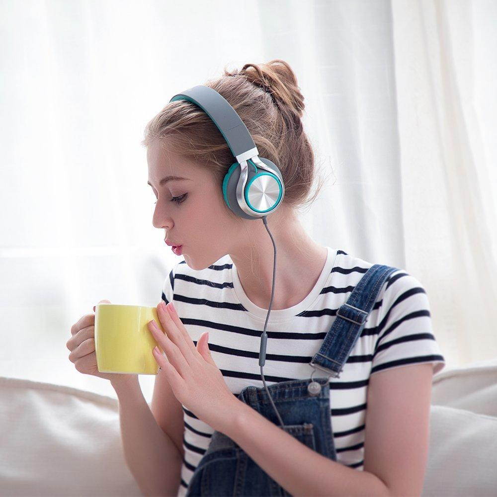 AILIHEN C8 Headphones with Microphone and Volume Control Folding Lightweight Headset for Cellphones Tablets Smartphones Laptop Computer PC Mp3/4 (Grey/Mint)