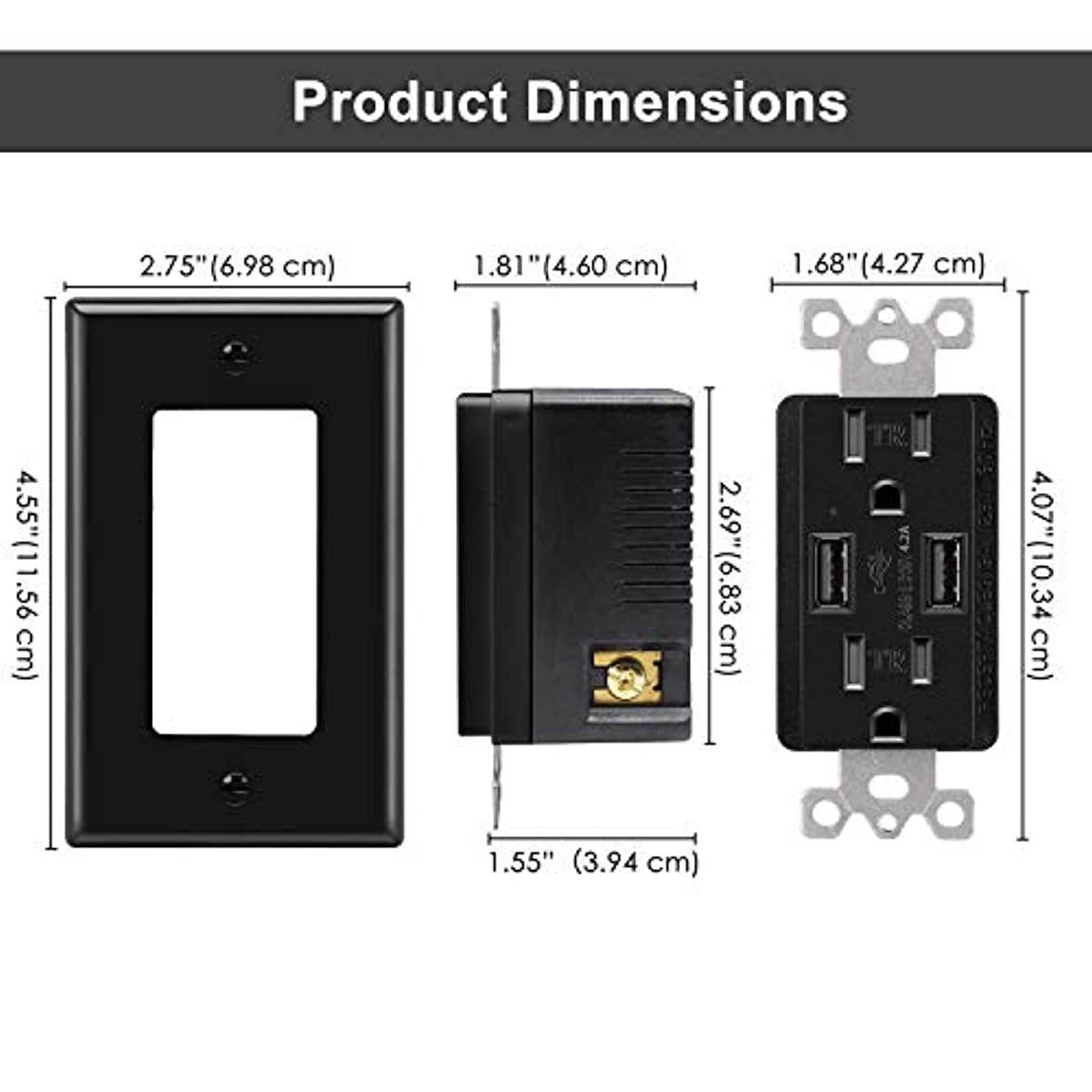 [2 Pack] BESTTEN 4.2A USB Wall Receptacle with 15A Tamper Resistant Outlets, Smart USB Wall Charger with Dual USB Charging Ports, UL Listed, Black