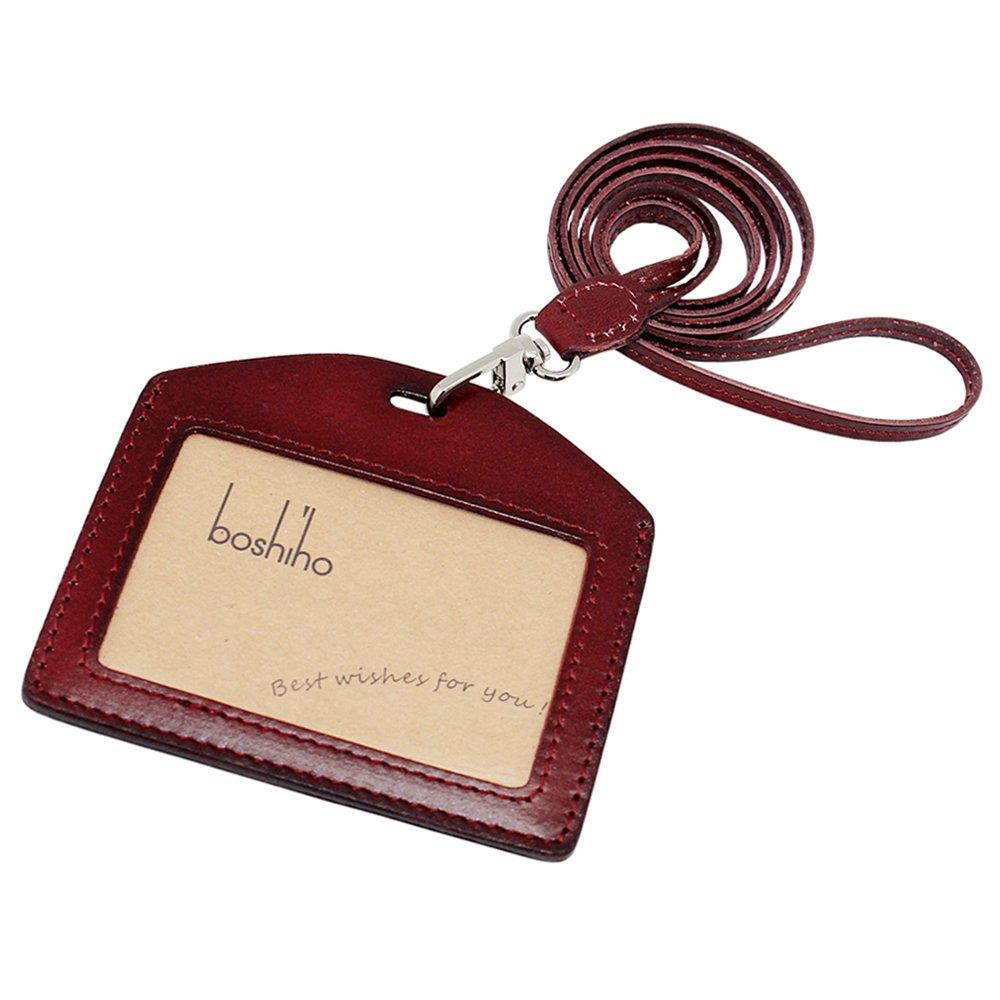 Boshiho Genuine Leather ID Card Badge Holder with Heavy Duty Lanyard Horizontal Style (Brown)