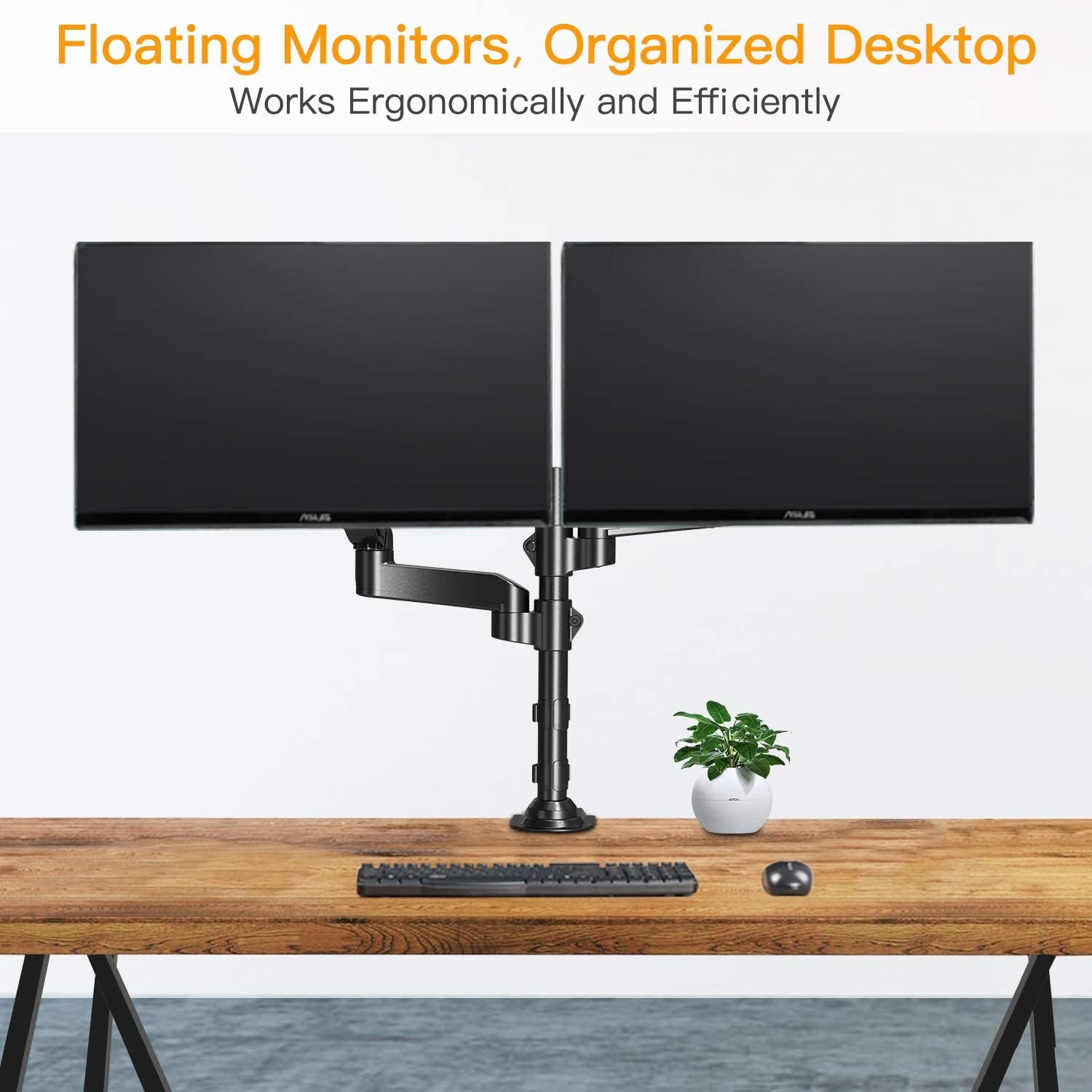 17&rdquo;-32&rdquo; Dual Monitor Desk Mount Stand Kit, Full Motion Gas Spring Arms with Clamp On/Grommet Mounting Base, Holds Two Computer Screens up to 19.84 lbs/Arm with 75/100mm VESA, Black
