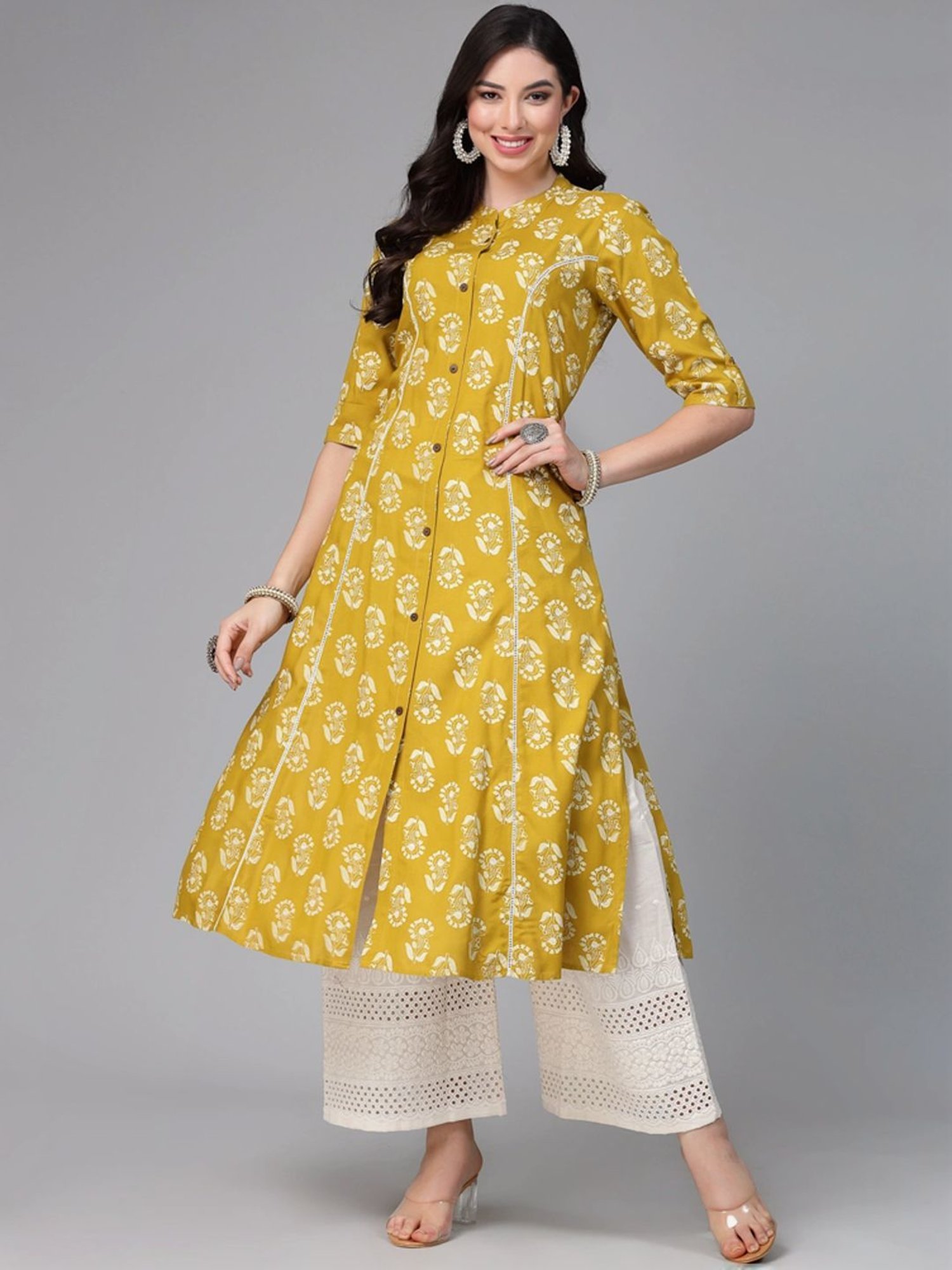 Stylum Lime Green Floral Print A-Line Kurta